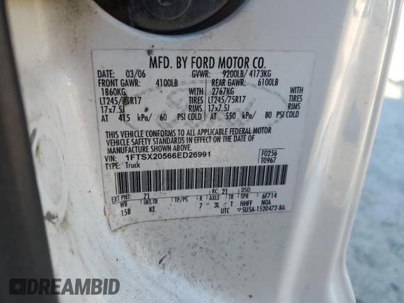 2006 Ford F-250 XL with VIN 1FTSX20566ED26991, listed as a Copart auction lot 41617325 with Not provided miles and Salvage title. Bid and sale history available at DreamBid. Image 12.