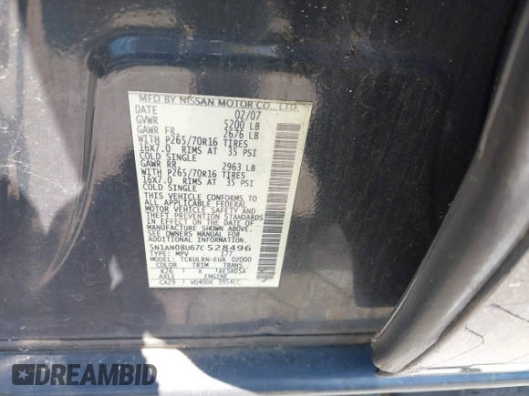 2007 Nissan Xterra SE with VIN 5N1AN08U67C528496, listed as a IAAI auction lot 42148835 with 206,888 mi miles and . Bid and sale history available at DreamBid. Image 9.