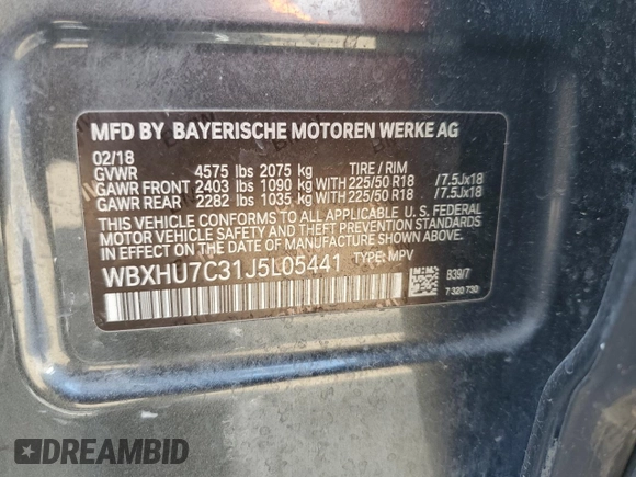 2018 BMW X1 sDrive28i with VIN WBXHU7C31J5L05441, listed as a Copart auction lot 49420595 with 115,003 mi miles and Salvage Title. Bid and sale history available at carsss.com. Image 14.