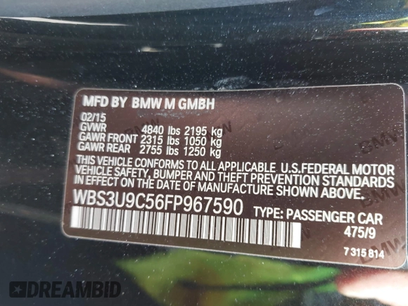 2015 BMW M4 with VIN WBS3U9C56FP967590, listed as a IAAI auction lot 41732730 with 48,927 mi miles and . Bid and sale history available at DreamBid. Image 9.
