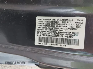 2016 Honda Odyssey EX with VIN 5FNRL5H49GB086326, listed as a IAAI auction lot 42647593 with 131,854 mi miles and . Bid and sale history available at DreamBid. Image 9.