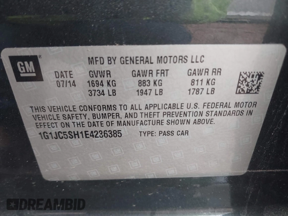 2014 Chevrolet Sonic LT with VIN 1G1JC5SH1E4236385, listed as a IAAI auction lot 42066948 with 126,200 mi miles and . Bid and sale history available at DreamBid. Image 9.