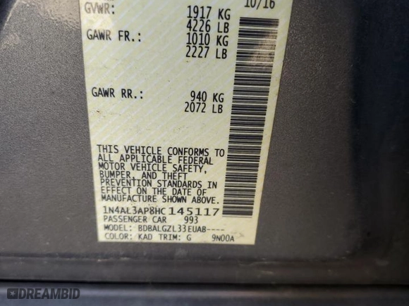 2017 Nissan Altima 2.5 SV with VIN 1N4AL3AP8HC145117, listed as a Copart auction lot 80145924 with 57,665 mi miles and Clean Title. Bid and sale history available at carsss.com. Image 12.