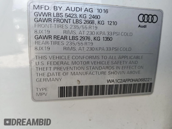 2017 Audi Q5 Premium with VIN WA1C2AFP0HA068221, listed as a Copart auction lot 43452315 with 82,552 mi miles and Salvage Title. Bid and sale history available at carsss.com. Image 13.