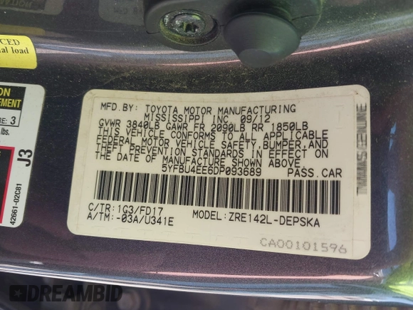 2013 Toyota Corolla L with VIN 5YFBU4EE6DP093689, listed as a IAAI auction lot 42158813 with 117,848 mi miles and . Bid and sale history available at DreamBid. Image 9.