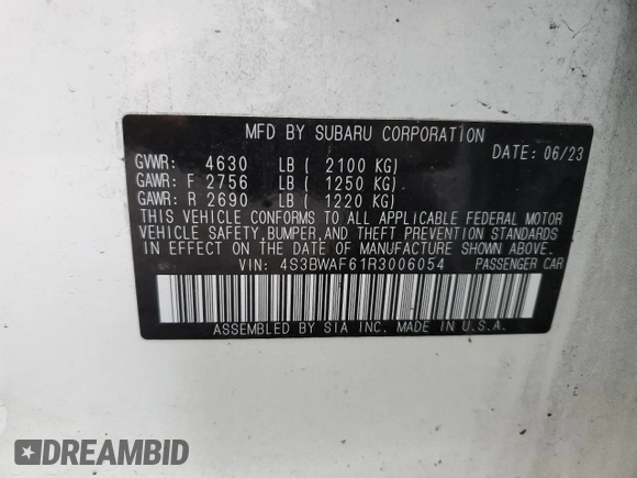 2024 Subaru Legacy Premium with VIN 4S3BWAF61R3006054, listed as a Copart auction lot 55497585 with 25,390 mi miles and Salvage title. Bid and sale history available at DreamBid. Image 13.