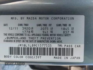 2012 Mazda 3 i Touring with VIN JM1BL1L89C1577535, listed as a IAAI auction lot 41631335 with 82,984 mi miles and . Bid and sale history available at DreamBid. Image 9.
