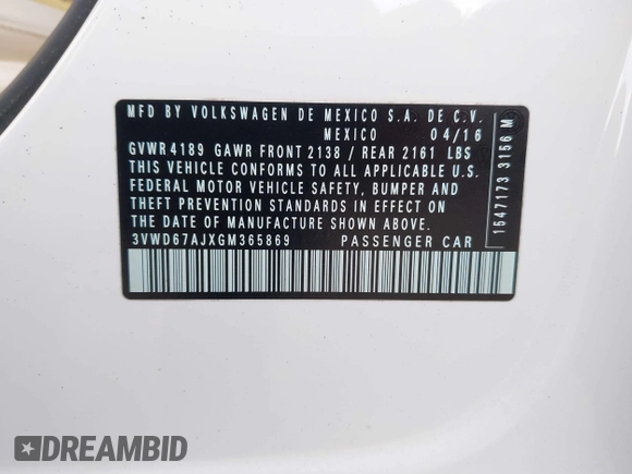 2016 Volkswagen Jetta Sedan 1.4T SE with VIN 3VWD67AJXGM365869, listed as a IAAI auction lot 41261109 with 59,325 mi miles. Bid and sale history available at carsss.com. Image 9.