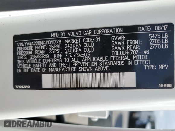 2018 Volvo XC60 R-Design with VIN YV4A22RM7J1011778, listed as a Copart auction lot 61620215 with 23,910 mi miles and Non repairable. Bid and sale history available at DreamBid. Image 14.
