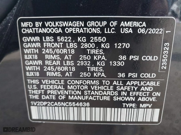 2022 Volkswagen Atlas 2.0T SE with VIN 1V2DP2CA5NC554636, listed as a IAAI auction lot 41500393 with 38,491 mi miles. Bid and sale history available at carsss.com. Image 9.