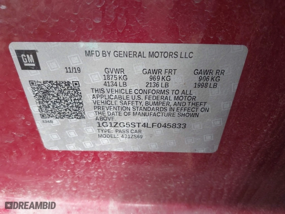 2020 Chevrolet Malibu RS with VIN 1G1ZG5ST4LF045833, listed as a IAAI auction lot 41891938 with 140,317 mi miles. Bid and sale history available at carsss.com. Image 9.