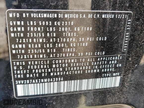 2022 Volkswagen Tiguan SE с VIN 3VV2B7AX2NM043994, выставлен на аукционе Copart как лот 63776295 с пробегом 80 514 миль миль и Списание • Salvage title. История ставок и продаж доступна на DreamBid. Изображение 14.