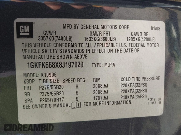 2008 GMC Yukon XL z VIN 1GKFK668X8J197029, wystawiony jako IAAI lot #42052242 z przebiegiem 193 928 mil mil oraz . Historia ofert i sprzedaży dostępna na DreamBid. Obrazek 9.