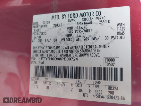 2008 Ford Ranger XL with VIN 1FTYR10D98PB09724, listed as a IAAI auction lot 42329733 with Not provided miles and . Bid and sale history available at DreamBid. Image 9.