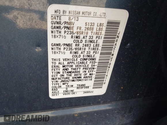2013 Nissan Murano SL with VIN JN8AZ1MU7DW214116, listed as a IAAI auction lot 40672689 with Not provided miles and . Bid and sale history available at DreamBid. Image 9.
