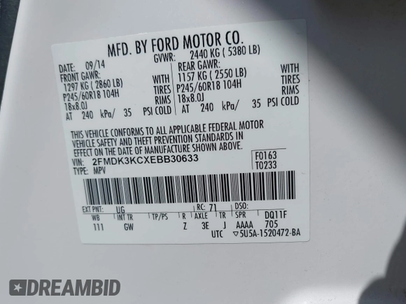 2014 Ford Edge Limited with VIN 2FMDK3KCXEBB30633, listed as a IAAI auction lot 41969150 with 168,758 mi miles. Bid and sale history available at carsss.com. Image 9.
