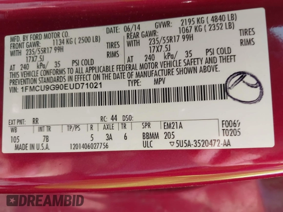 2014 Ford Escape SE with VIN 1FMCU9G90EUD71021, listed as a IAAI auction lot 42052487 with 154,811 mi miles and . Bid and sale history available at DreamBid. Image 9.