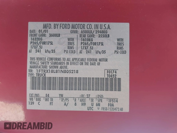 2001 Ford F-150 XL with VIN 1FTRX18L81NB05218, listed as a IAAI auction lot 41689044 with 160,389 mi miles. Bid and sale history available at carsss.com. Image 9.