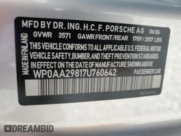 2007 Porsche 718 Cayman z VIN WP0AA29817U760642, wystawiony jako Copart lot #43905015 z przebiegiem Nie podano mil oraz Szkoda całkowita • Salvage title. Historia ofert i sprzedaży dostępna na DreamBid. Obrazek 12.