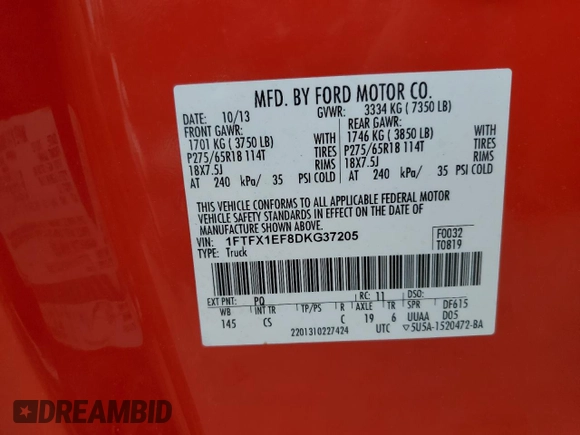 2013 Ford F-150 XL with VIN 1FTFX1EF8DKG37205, listed as a Copart auction lot 61304745 with 74,292 mi miles and Clean title. Bid and sale history available at DreamBid. Image 13.