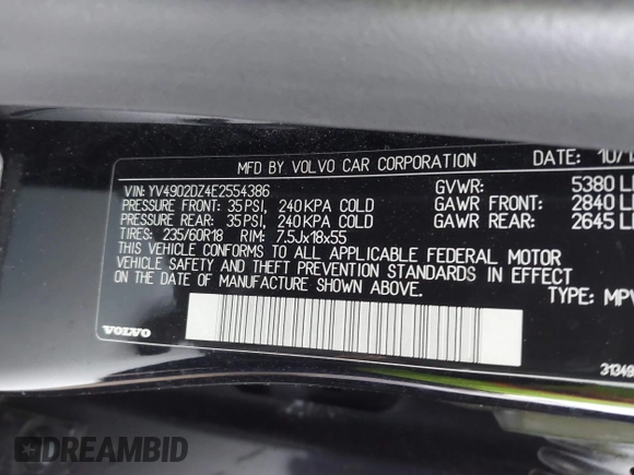 2014 Volvo XC60 R-Design Premier Plus with VIN YV4902DZ4E2554386, listed as a IAAI auction lot 42065061 with 92,865 mi miles and . Bid and sale history available at DreamBid. Image 9.