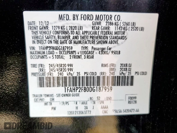 2013 Ford Taurus Limited with VIN 1FAHP2F80DG187959, listed as a Copart auction lot 61686525 with 124,761 mi miles and Clean title. Bid and sale history available at DreamBid. Image 12.