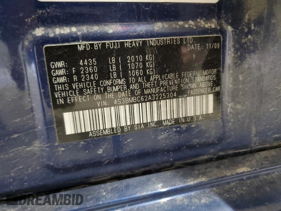 2010 Subaru Legacy Premium All-Weather Anniversary with VIN 4S3BMBC62A3225304, listed as a Copart auction lot 52135445 with 174,207 mi miles and Salvage Title. Bid and sale history available at DreamBid. Image 12.