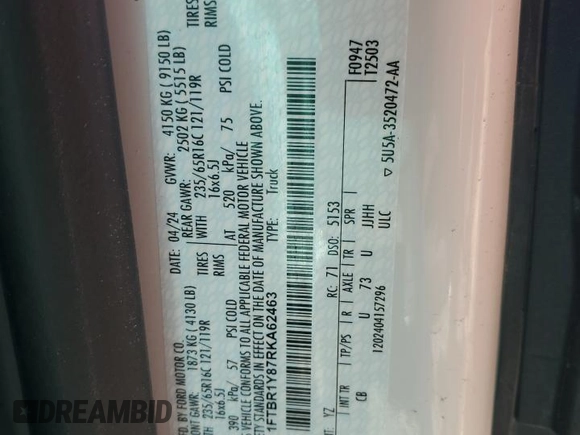 2024 Ford Transit Cargo with VIN 1FTBR1Y87RKA62463, listed as a Copart auction lot 63827265 with Not provided miles and Salvage title. Bid and sale history available at DreamBid. Image 13.