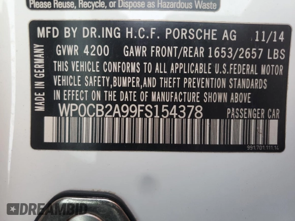 2015 Porsche 911 Carrera S with VIN WP0CB2A99FS154378, listed as a Copart auction lot 76295074 with 35,841 mi miles and Salvage Title. Bid and sale history available at carsss.com. Image 13.