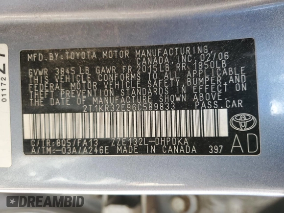 2006 Toyota Matrix STD with VIN 2T1KR32E96C589833, listed as a Copart auction lot 54177635 with 213,611 mi miles and Clean Title. Bid and sale history available at carsss.com. Image 12.