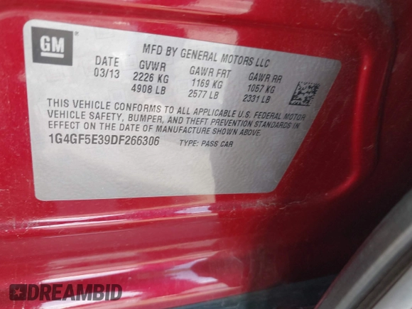 2013 Buick LaCrosse Premium 1 with VIN 1G4GF5E39DF266306, listed as a IAAI auction lot 41695889 with 78,533 mi miles and . Bid and sale history available at DreamBid. Image 9.
