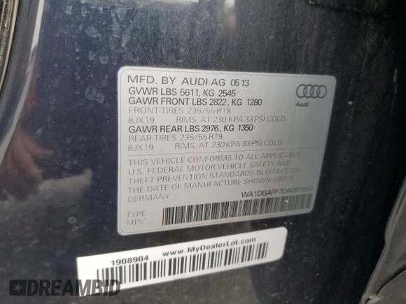 2013 Audi Q5 Premium Plus с VIN WA1DGAFP7DA097960, выставлен на аукционе Copart как лот 60928035 с пробегом 158 089 миль миль и Списание • Salvage title. История ставок и продаж доступна на DreamBid. Изображение 13.