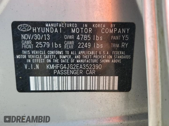 2014 Hyundai Azera with VIN KMHFG4JG2EA352390, listed as a Copart auction lot 63272665 with 158,667 mi miles and Clean title. Bid and sale history available at DreamBid. Image 12.