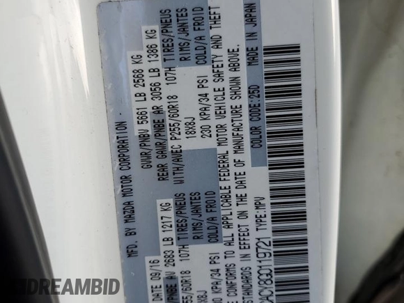 2016 Mazda CX-9 Touring with VIN JM3TCACY8G0119721, listed as a Copart auction lot 41614545 with 14,491 mi miles and Salvage Title. Bid and sale history available at DreamBid. Image 13.