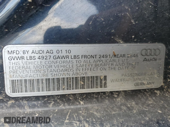 2010 Audi A4 2.0T Premium Plus with VIN WAUFFAFL3AN043927, listed as a Copart auction lot 53072775 with 141,821 mi miles and Clean Title. Bid and sale history available at carsss.com. Image 12.