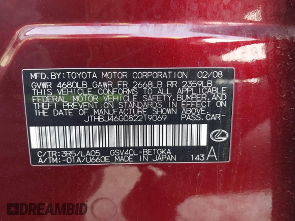 2008 Lexus ES 330 with VIN JTHBJ46G082219069, listed as a IAAI auction lot 42279161 with 146,704 mi miles and . Bid and sale history available at DreamBid. Image 9.