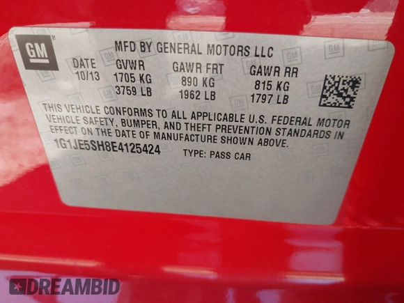 2014 Chevrolet Sonic LTZ with VIN 1G1JE5SH8E4125424, listed as a IAAI auction lot 41649065 with 161,914 mi miles. Bid and sale history available at carsss.com. Image 9.