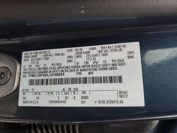 2020 Ford Escape S z VIN 1FMCU9F6XLUC06825, wystawiony jako Copart lot #84080684 z przebiegiem 135 494 mil mil oraz Szkoda całkowita • Salvage title. Historia ofert i sprzedaży dostępna na DreamBid. Obrazek 13.