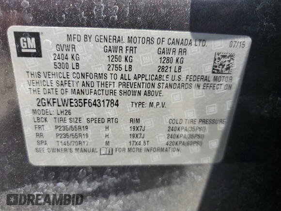 2015 GMC Terrain SLE z VIN 2GKFLWE35F6431784, wystawiony jako Copart lot #56691355 z przebiegiem 167 196 mil mil oraz Szkoda całkowita • Salvage title. Historia ofert i sprzedaży dostępna na DreamBid. Obrazek 13.
