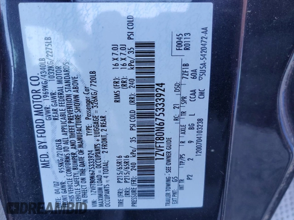 2007 Ford Mustang Deluxe with VIN 1ZVFT80N675333924, listed as a Copart auction lot 48516165 with 169,279 mi miles and Salvage Title. Bid and sale history available at carsss.com. Image 12.