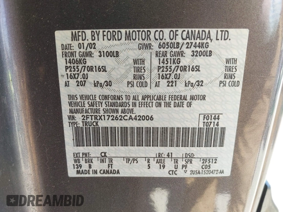2002 Ford F-150 XL with VIN 2FTRX17262CA42006, listed as a IAAI auction lot 42344192 with 165,169 mi miles and . Bid and sale history available at DreamBid. Image 9.