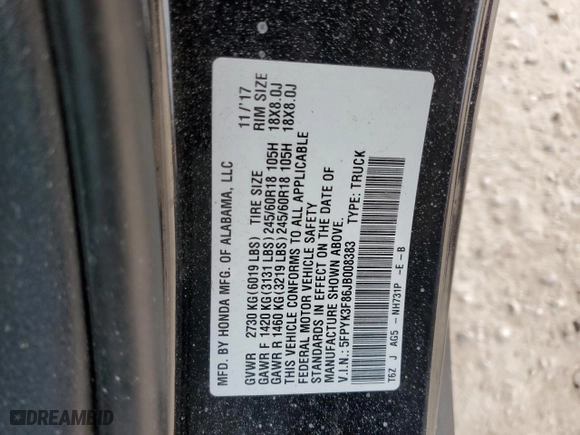 2018 Honda Ridgeline Black Edition with VIN 5FPYK3F86JB008383, listed as a Copart auction lot 82991604 with 0 mi miles and Salvage Title. Bid and sale history available at carsss.com. Image 13.