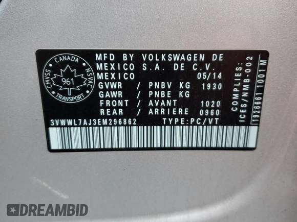 2014 Volkswagen Jetta with VIN 3VWWL7AJ3EM296862, listed as a Copart auction lot 50172305 with 278,199 mi miles and Salvage title. Bid and sale history available at DreamBid. Image 12.