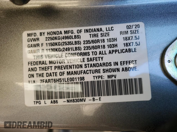2020 Honda CR-V EX with VIN 7FART6H51LE001198, listed as a Copart auction lot 42023135 with 48,910 mi miles and Salvage Title. Bid and sale history available at DreamBid. Image 13.