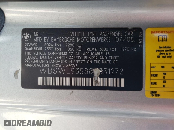 2008 BMW 3 Series M3 z VIN WBSWL93588P331272, wystawiony jako Copart lot #64415684 z przebiegiem 102 565 mil mil oraz Szkoda całkowita • Salvage title. Historia ofert i sprzedaży dostępna na DreamBid. Obrazek 14.