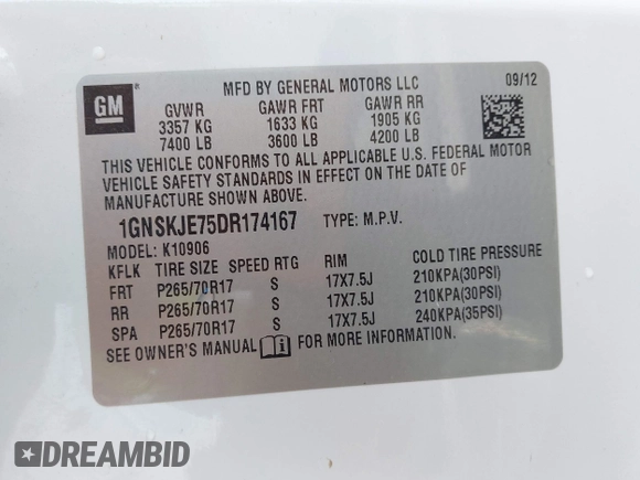 2013 Chevrolet Suburban LT with VIN 1GNSKJE75DR174167, listed as a IAAI auction lot 42005614 with 290,223 mi miles and . Bid and sale history available at DreamBid. Image 9.