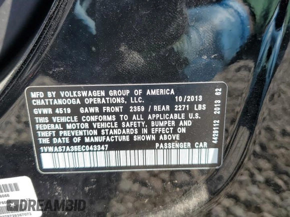 2014 Volkswagen Passat S with VIN 1VWAS7A35EC043347, listed as a Copart auction lot 49770115 with 125,893 mi miles and Salvage Title. Bid and sale history available at carsss.com. Image 14.