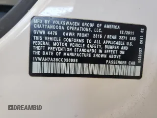 2012 Volkswagen Passat S с VIN 1VWAH7A36CC036998, выставлен на аукционе Copart как лот 60655295 с пробегом 150 557 миль миль и Списание • Salvage title. История ставок и продаж доступна на DreamBid. Изображение 12.
