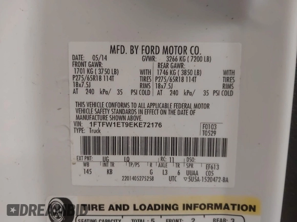 2014 Ford F-150 XL with VIN 1FTFW1ET9EKE72176, listed as a IAAI auction lot 41294576 with 129,677 mi miles. Bid and sale history available at carsss.com. Image 9.