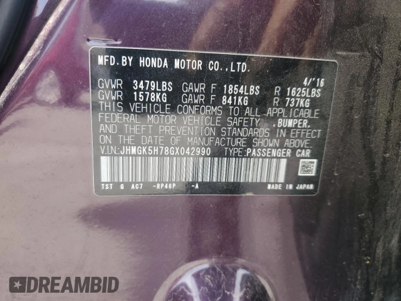 2016 Honda Fit EX with VIN JHMGK5H78GX042990, listed as a Copart auction lot 52701545 with 62,046 mi miles and Salvage Title. Bid and sale history available at DreamBid. Image 12.